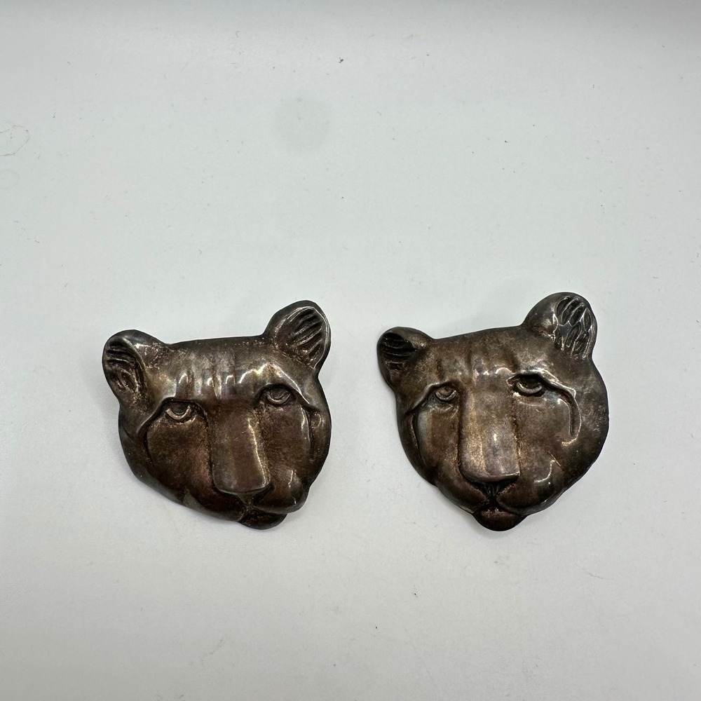 Vintage Sterling Silver 925 Panther Cougar Head Post Stud Earrings Thailand PAS